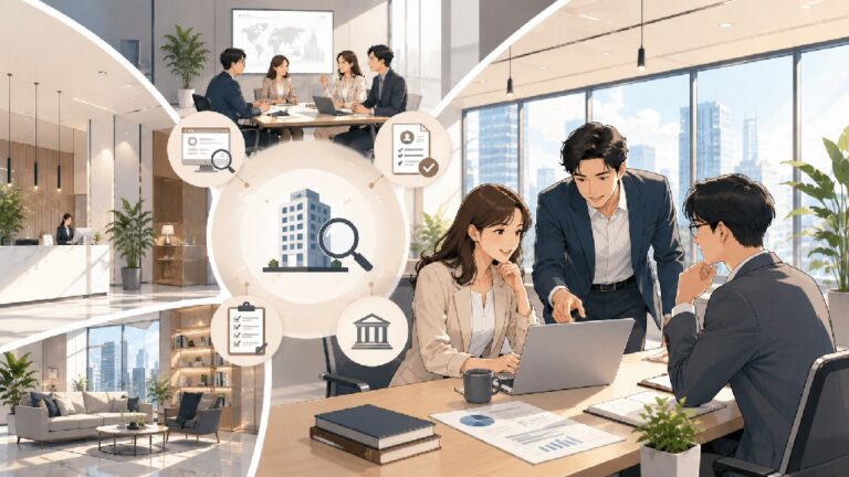 商務團隊在現代商務中心查詢公司登記資料，確認統一編號、商工登記、稅籍狀態與企業基本資訊。