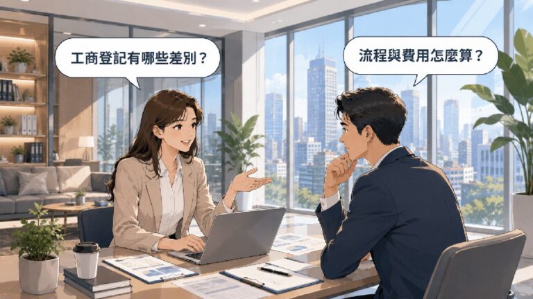 商務顧問在現代商務中心向創業者說明工商登記、公司登記、商業登記的差異,以及申請流程與費用。