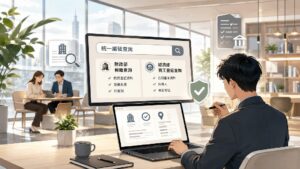 商務人士在現代辦公空間查詢統一編號，畫面呈現財政部稅籍查詢與經濟部商工登記查詢的差異。