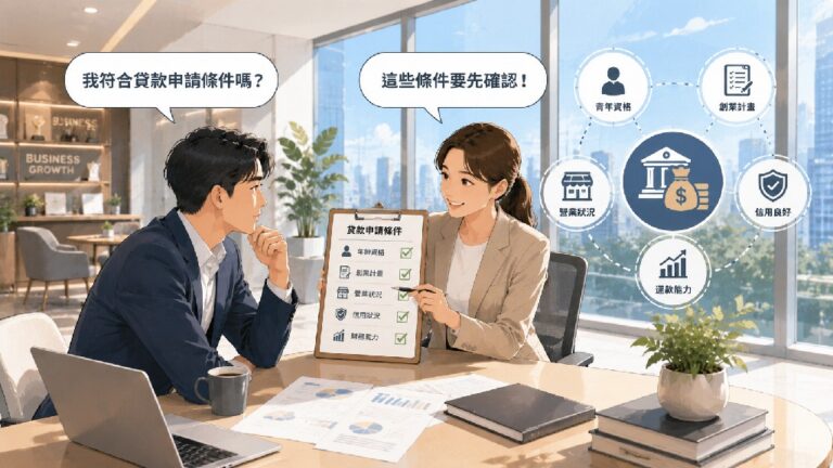商務顧問在現代辦公室向創業者說明青年創業貸款申請條件,包含申請資格、創業計畫、信用狀況、營業條件與銀行審核重點。