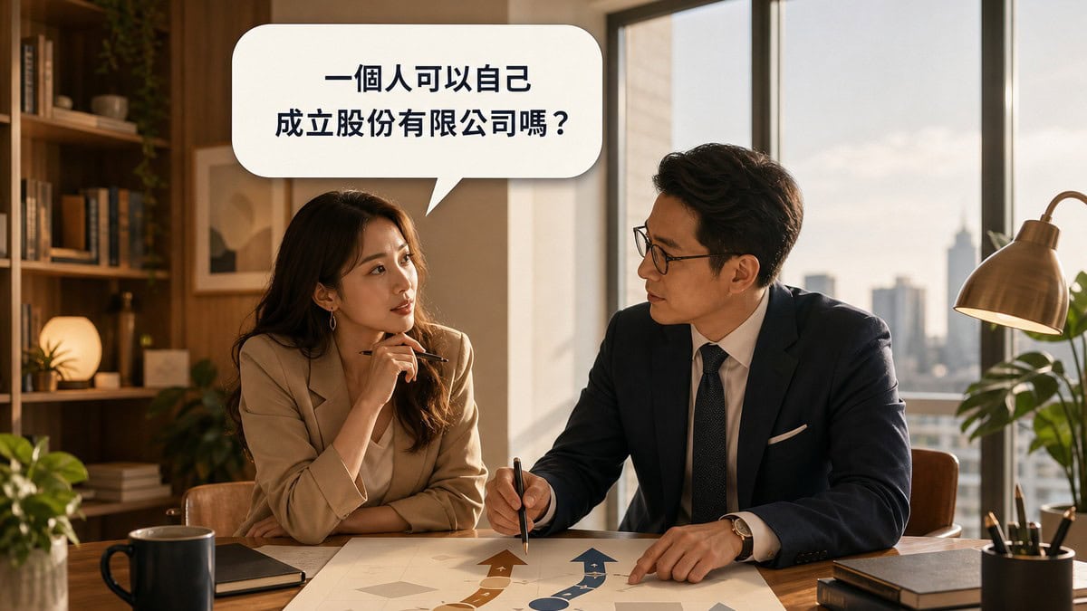 創業者與專業顧問在辦公室討論股份有限公司與有限公司的選擇路徑示意圖