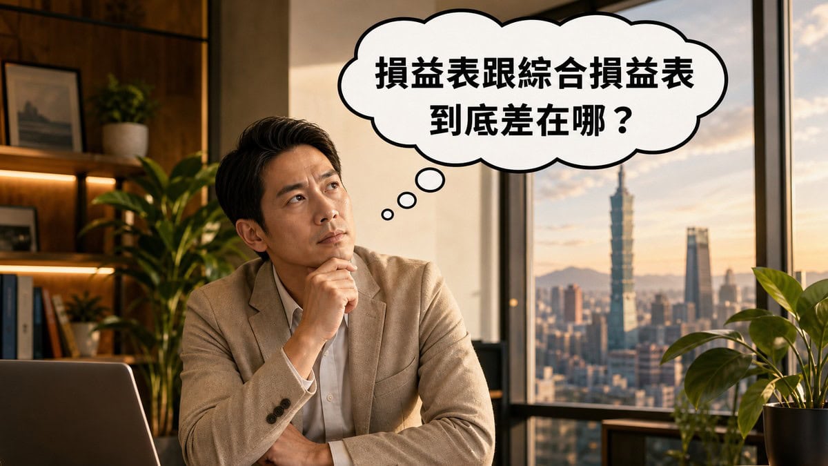 一位商務人士坐在辦公室裡思考損益表與綜合損益表的差異，上方有對話框寫著相關疑問