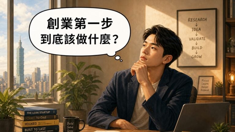 一位創業者坐在溫暖採光的辦公室裡若有所思，思考氣泡寫著「創業第一步到底該做什麼？」
