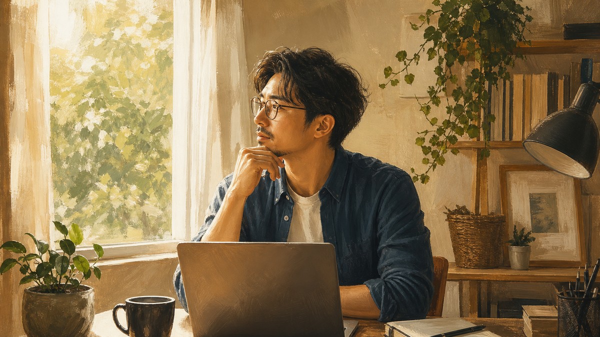 SOHO族在家工作，望向窗外若有所思，桌上放著筆電與咖啡的居家辦公情境