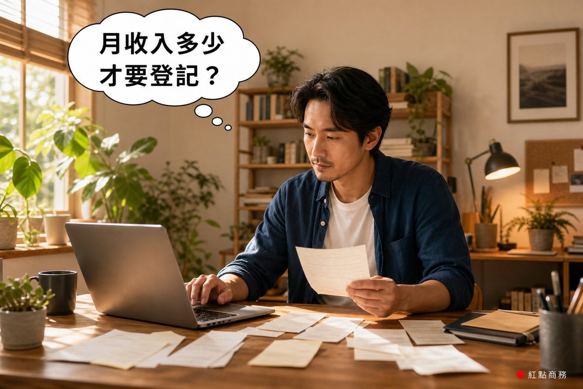 SOHO接案工作者查看收據與筆電，思考月收入達到多少才需要辦理營業登記