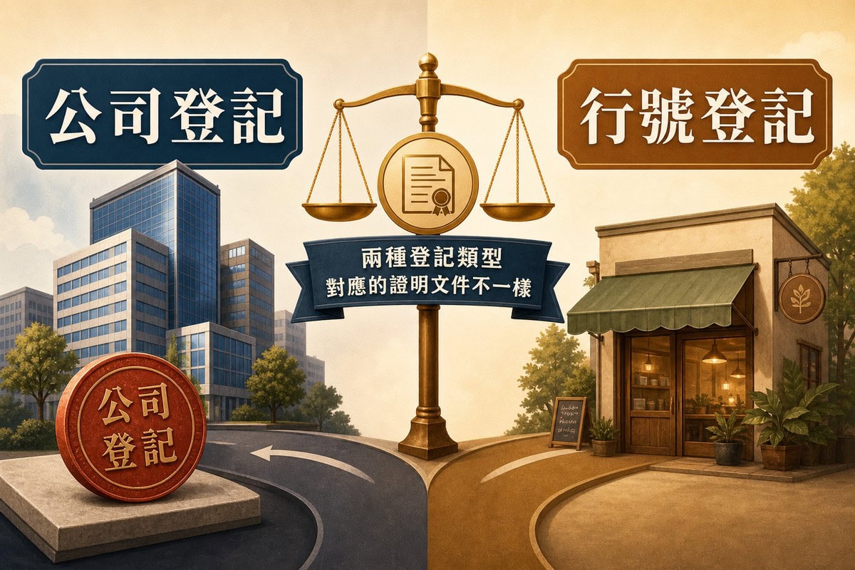 公司登記與行號商業登記兩種類型對應不同證明文件的比較圖解