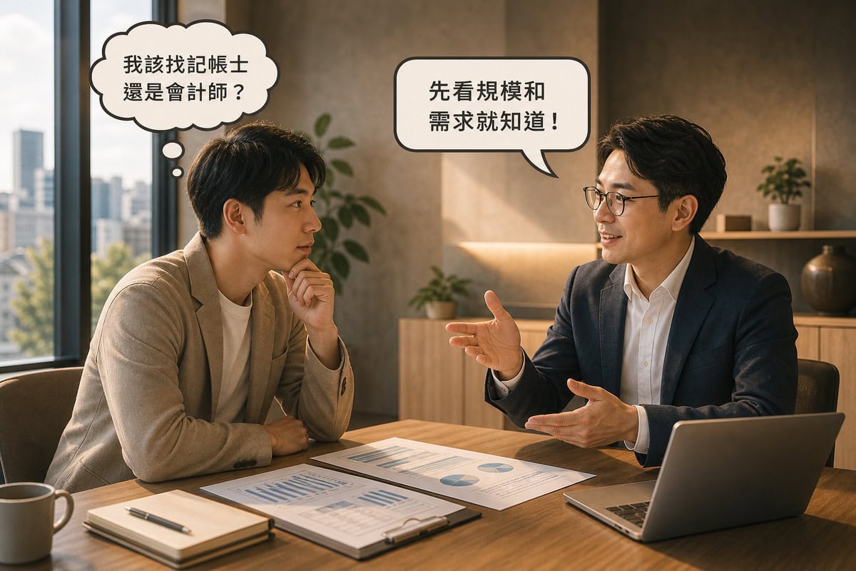新創業主與專業會計人員討論財務報表準備，思考該找記帳士還是會計師
