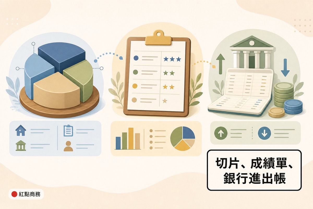 資訊圖表以切片、成績單、銀行帳戶三個比喻說明資產負債表、損益表、現金流量表的差異