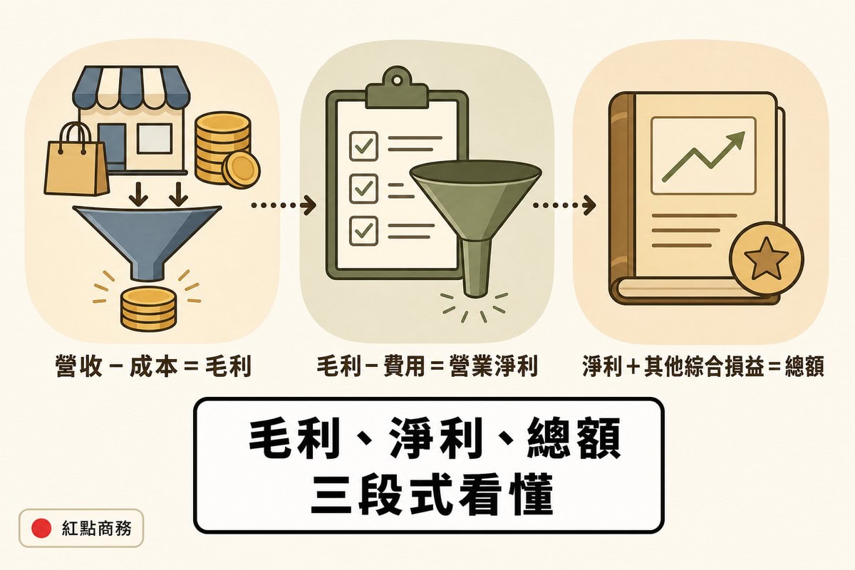 三格圖解說明從營收成本算出毛利、毛利費用算出營業淨利、淨利加其他綜合損益算出總額的計算流程