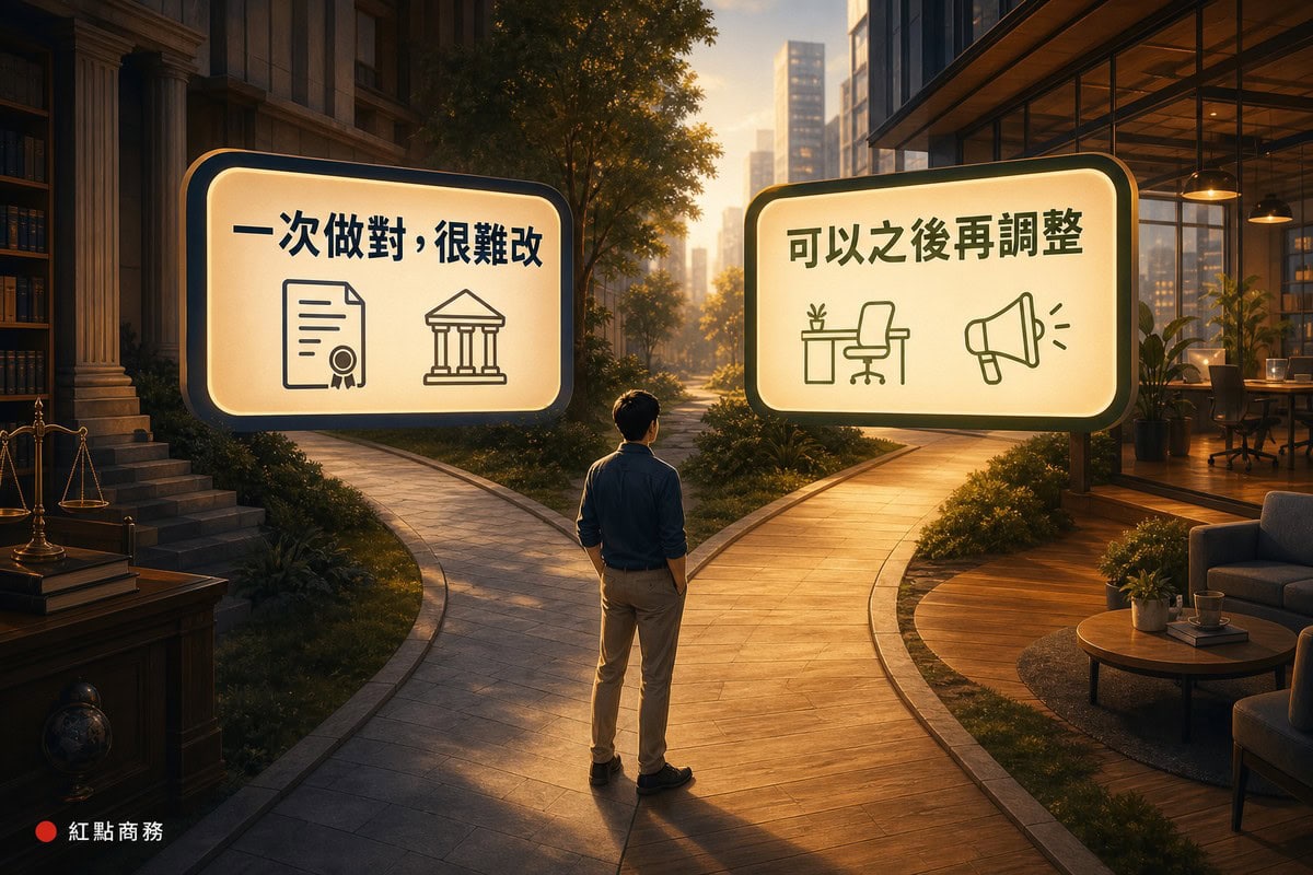 創業者站在岔路口，左邊標示「一次做對，很難改」搭配登記與法規圖示，右邊標示「可以之後再調整」搭配辦公空間與行銷圖示