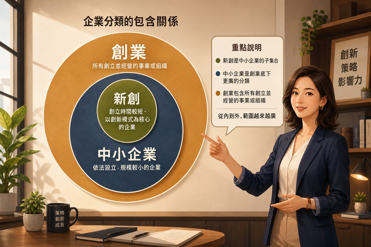 以三層同心圓呈現創業、中小企業、新創三者包含關係的圖解，新創是中小企業的子集合