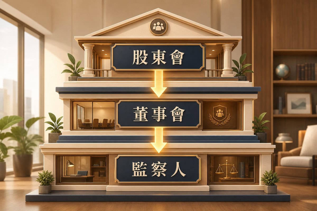 股份有限公司治理結構圖解，由上而下分別是股東會、董事會與監察人