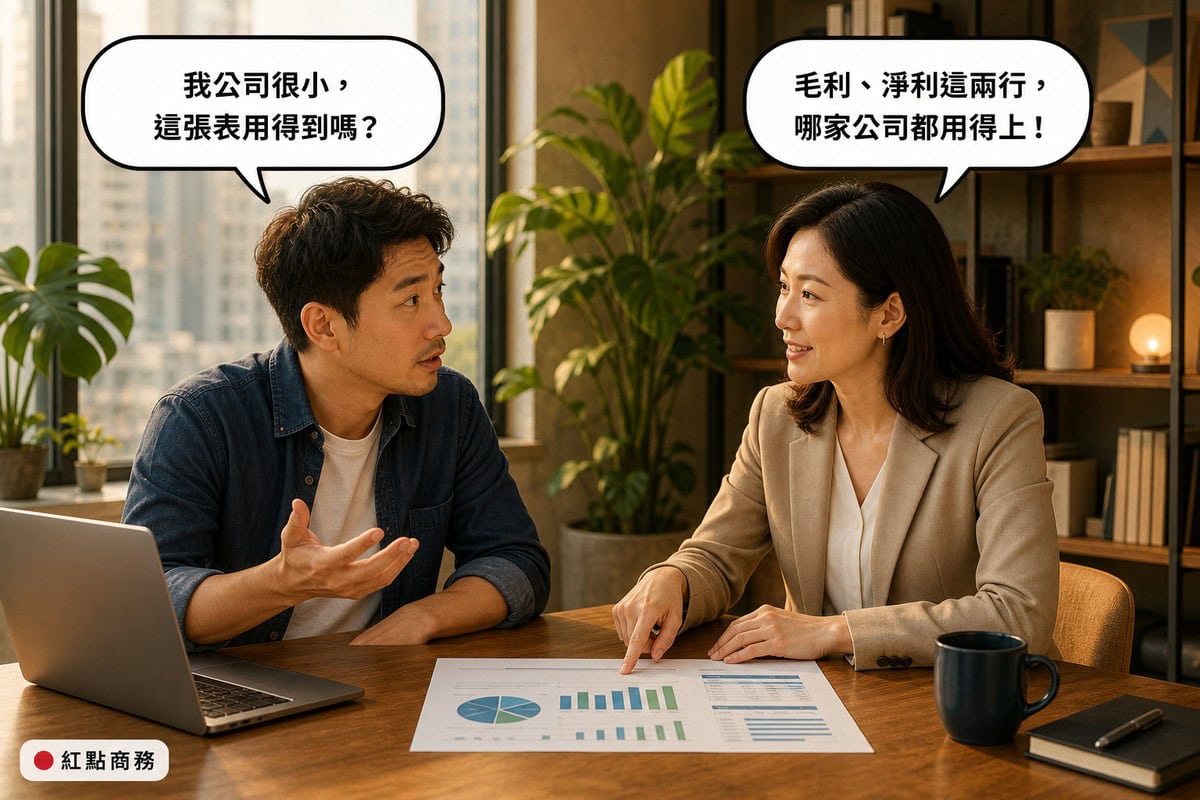 一位小公司負責人與顧問對談,顧問說明毛利與淨利兩個數字任何規模公司都用得上