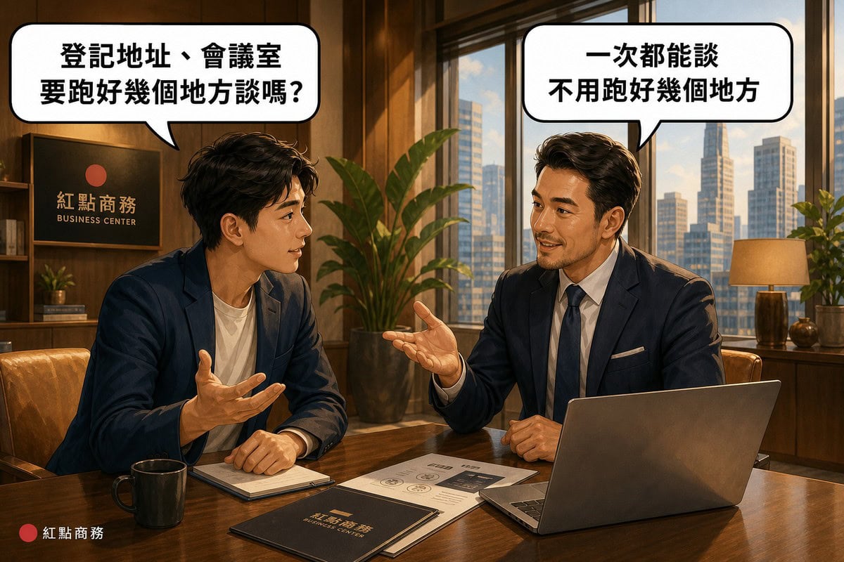 創業者與商務中心顧問對談，討論登記地址與會議室是否需要分頭尋找資源