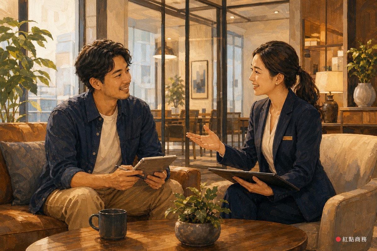 SOHO族與商務中心顧問面對面討論借址登記與辦公空間方案的情境