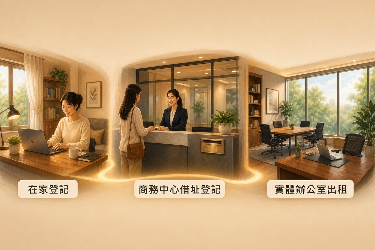 在家登記、商務中心借址登記、實體辦公室出租三種登記地址選擇的情境比較圖