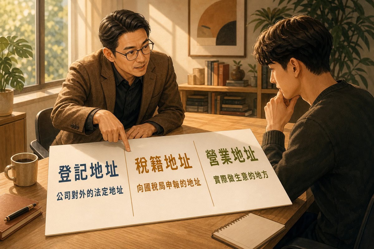顧問指著桌上的三欄對照卡向創業者說明,左欄靛藍色登記地址寫公司對外的法定地址、中欄琥珀色稅籍地址寫向國稅局申報的地址、右欄綠色營業地址寫實際做生意的地方