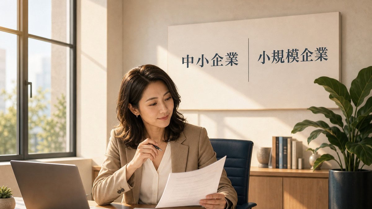 一位女性創業者在辦公桌前閱讀文件，身後視覺板上並列標示中小企業與小規模企業兩個標籤，中間用細線區隔