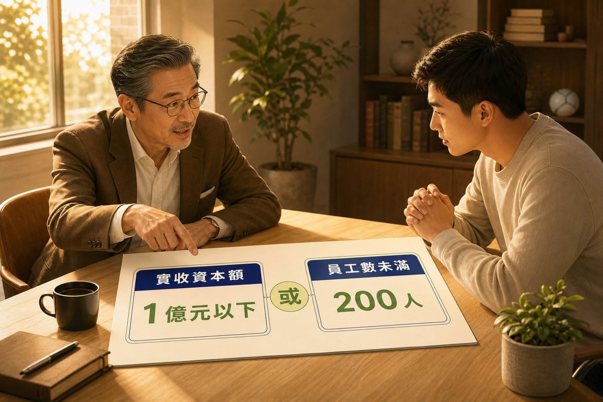 顧問與年輕創業者隔桌對談,顧問指著桌上對照表,左欄寫實收資本額1億元以下、右欄寫員工數未滿200人,中間一個或字