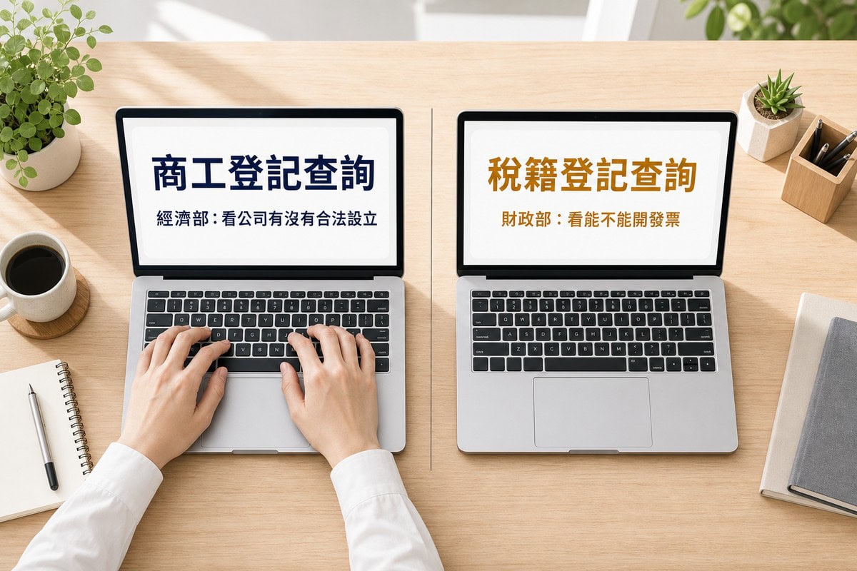 俯視兩台並排的筆電,左邊螢幕靛藍色標題寫商工登記查詢、下方註明經濟部看公司有沒有合法設立,右邊螢幕琥珀色標題寫稅籍登記查詢、下方註明財政部看能不能開發票