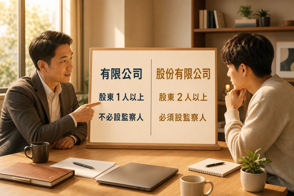 顧問指著桌上的雙欄對照板向創業者說明,左欄靛藍色寫有限公司股東1人以上、不必設監察人,右欄琥珀色寫股份有限公司股東2人以上、必須設監察人
