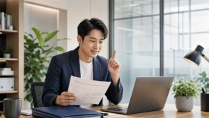 一位男性創業者在明亮的辦公桌前拿著稅務文件對照筆電螢幕，神情像是剛弄懂了一件事