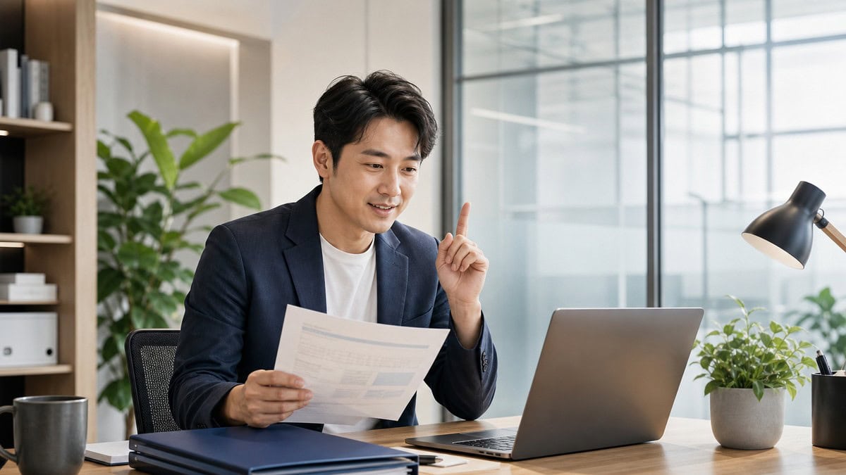 一位男性創業者在明亮的辦公桌前拿著稅務文件對照筆電螢幕，神情像是剛弄懂了一件事