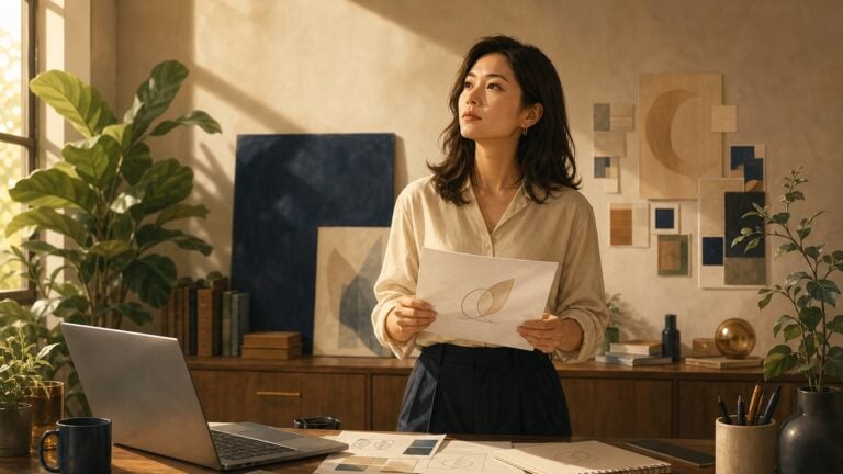 一位女性品牌創業者站在工作桌前拿著印有品牌標誌草稿的紙抬頭思考,桌上有色票與筆記本