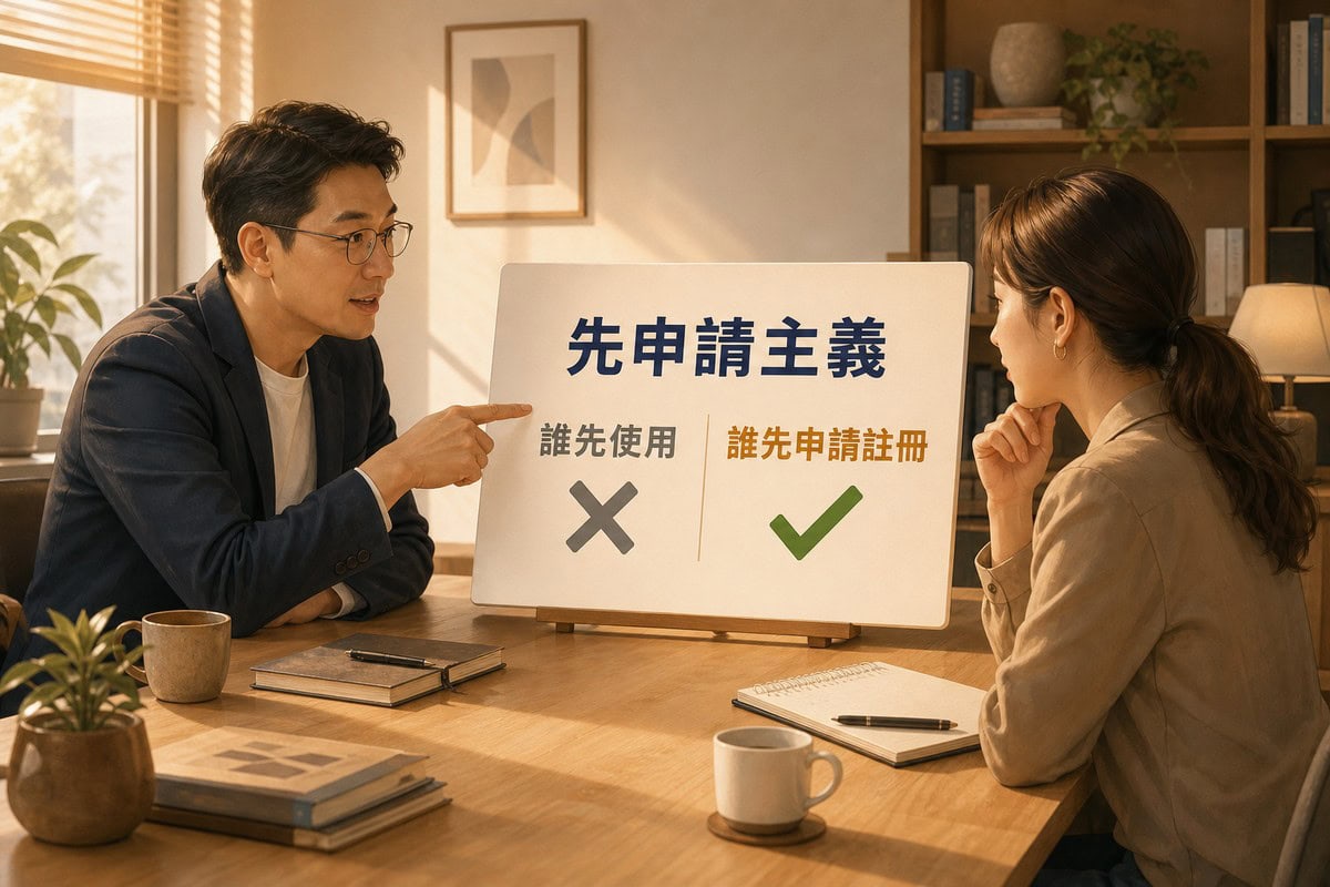 說明板上方靛藍色大標題寫先申請主義,下方左行灰色寫誰先使用並打叉、右行琥珀色寫誰先申請註冊並打勾