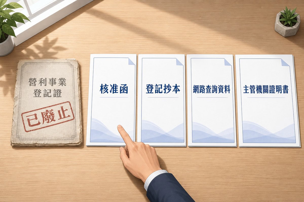 桌面俯視，左邊一份泛黃的營利事業登記證蓋著已廢止的紅色印章，右邊整齊排開四份現行文件分別寫核准函、登記抄本、網路查詢資料、主管機關證明書，一隻手指著右邊