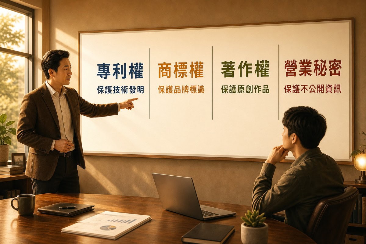 顧問指著展示板向創業者說明,板上並排四欄分別是靛藍色專利權保護技術發明、琥珀色商標權保護品牌標識、綠色著作權保護原創作品、暗紅色營業秘密保護不公開資訊