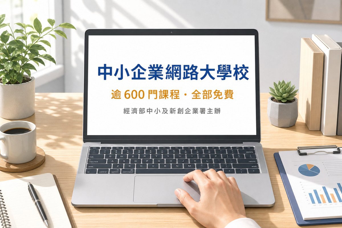 筆電螢幕上顯示線上課程平台首頁，中央靛藍色大標題寫中小企業網路大學校，下方琥珀色寫逾600門課程全部免費，再下方小字註明經濟部中小及新創企業署主辦