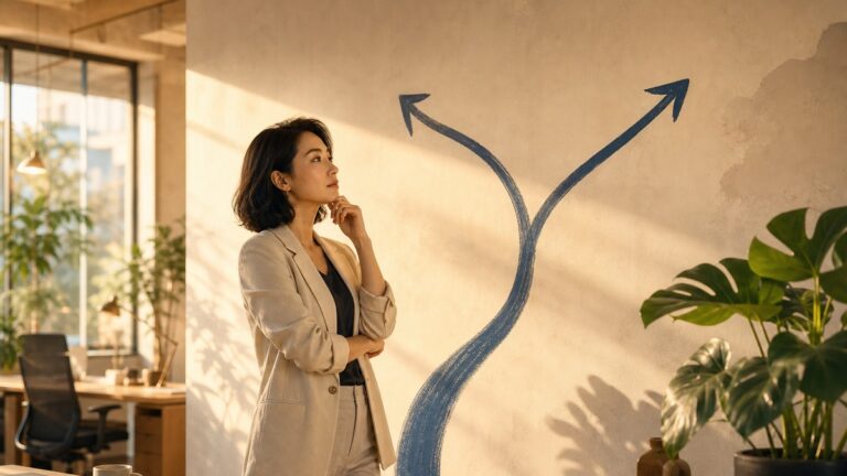 一位女性創業者站在牆前手托下巴思考,牆上兩條分岔的路徑線條往不同方向延伸,象徵兩種選擇
