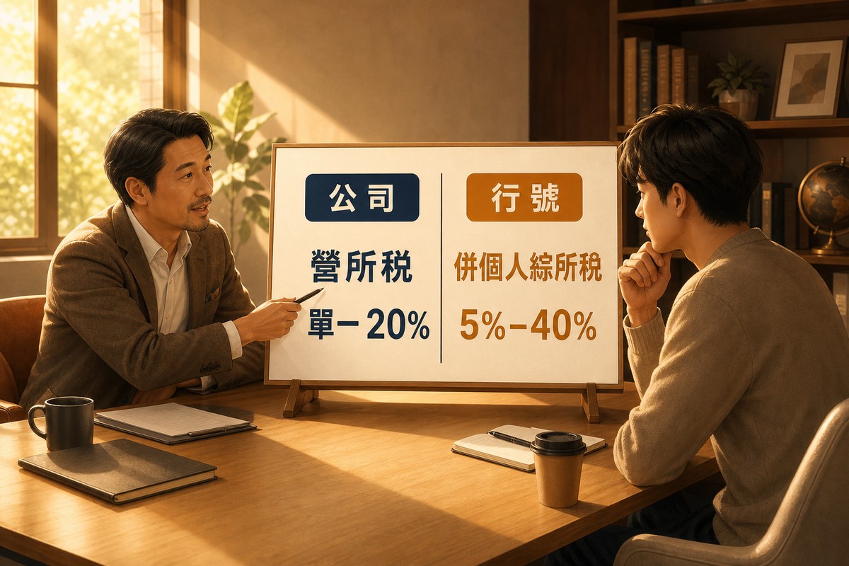 顧問指著桌上的雙欄對照板向創業者說明,左欄靛藍色寫公司營所稅單一20%,右欄琥珀色寫行號併入個人綜所稅5%到40%