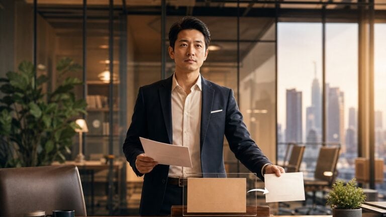 一位穿深藍色西裝的專業人士站在辦公室裡,手拿文件,桌上放著一個文件夾與正在遞出的白色信封,背景是玻璃隔間辦公空間與城市天際線
