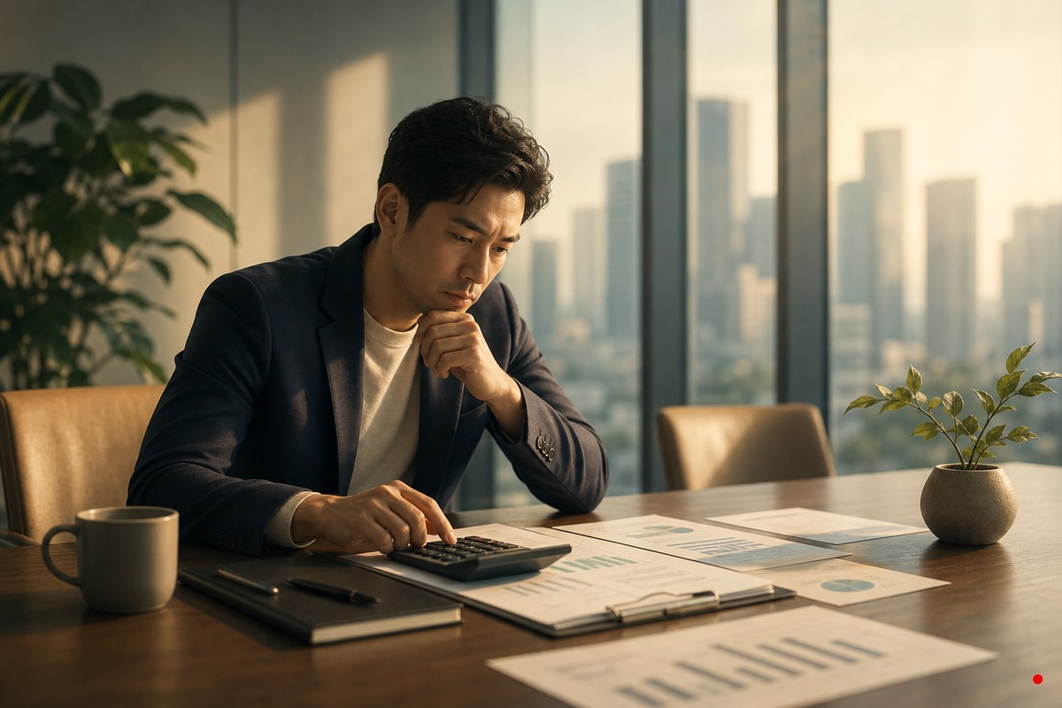 一位創業者坐在明亮的商務中心會議室裡，桌上攤著文件與計算機，若有所思地計算費用，窗外是城市景觀，畫面右下角有一個小紅點裝飾