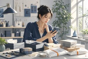 一位手作飾品工作室經營者坐在桌前，一邊查看手機一邊整理飾品包裝，桌上有多個包裝盒與待出貨包裹，窗邊有植栽