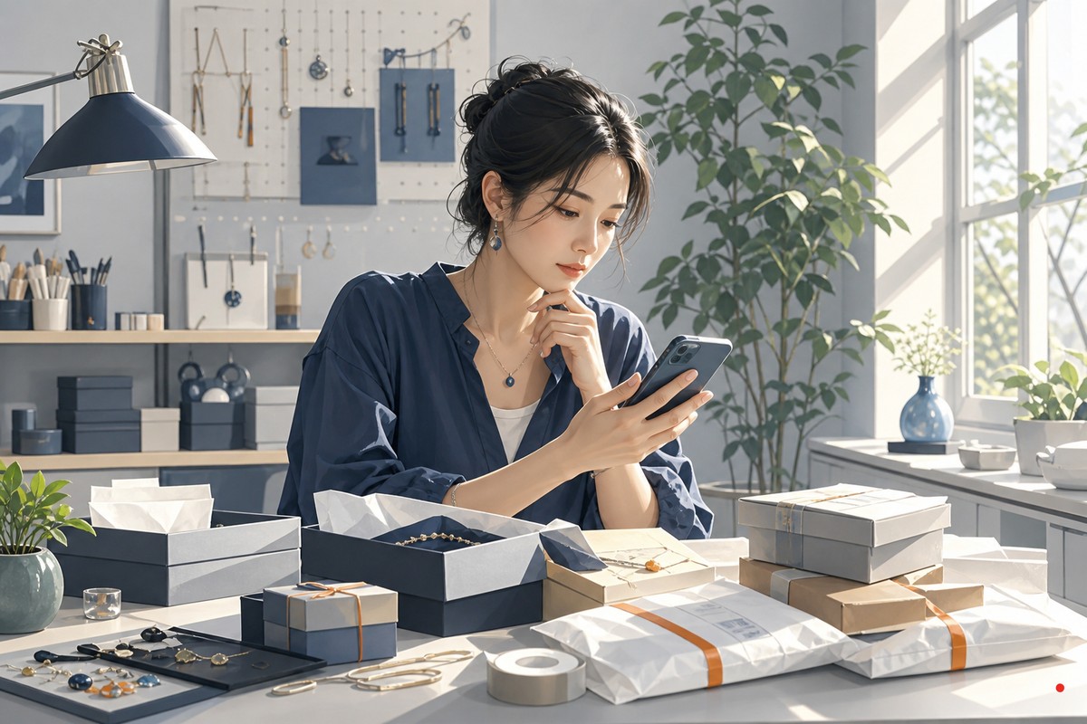 一位手作飾品工作室經營者坐在桌前，一邊查看手機一邊整理飾品包裝，桌上有多個包裝盒與待出貨包裹，窗邊有植栽