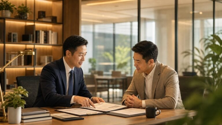 一位專業顧問與一位企業負責人在辦公桌前對談,顧問手勢沉穩地指向文件說明,負責人專注聆聽並點頭,氣氛平靜專業,背景是書架與植栽