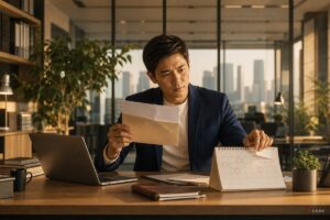 創業者坐在辦公桌前手拿政府核發的公司登記核准函，另一手翻看桌曆上被圈起來的幾個日期
