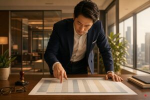 專業人士俯身在辦公桌上，手指著一份攤開的橫式登記表格中的某一欄，桌上另有公司印章與眼鏡