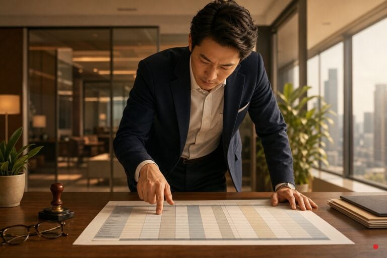 專業人士俯身在辦公桌上,手指著一份攤開的橫式登記表格中的某一欄,桌上另有公司印章與眼鏡