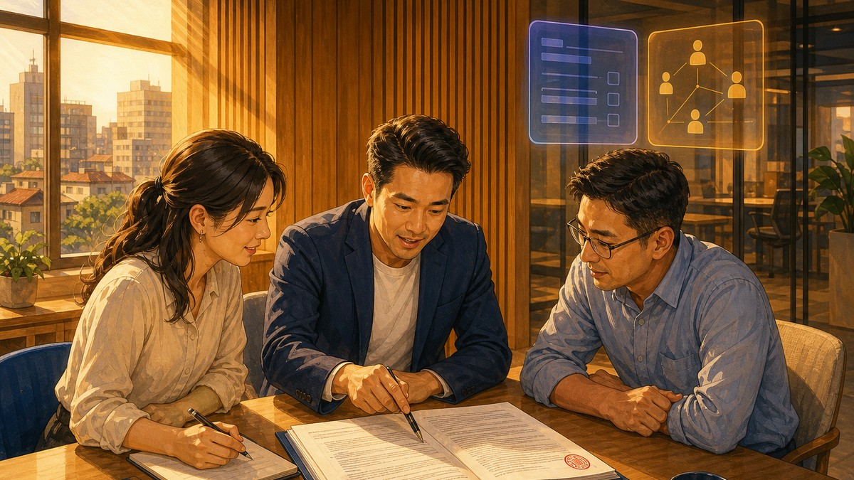 三位工作者在採光良好的會議室裡圍著一份攤開的公司章程，中間的人用筆指著其中一條，桌面是淺色木質，窗外可見城市街景