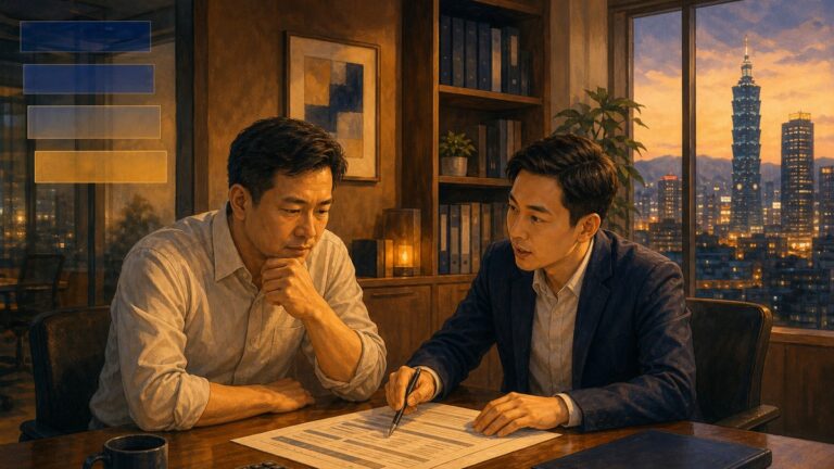 傍晚的辦公室裡，一位捲起袖子的公司負責人手托著下巴看著桌上攤開的財務報表，對面穿深藍西裝的會計師用筆指著報表上的一列，窗外是點起燈的城市夜景