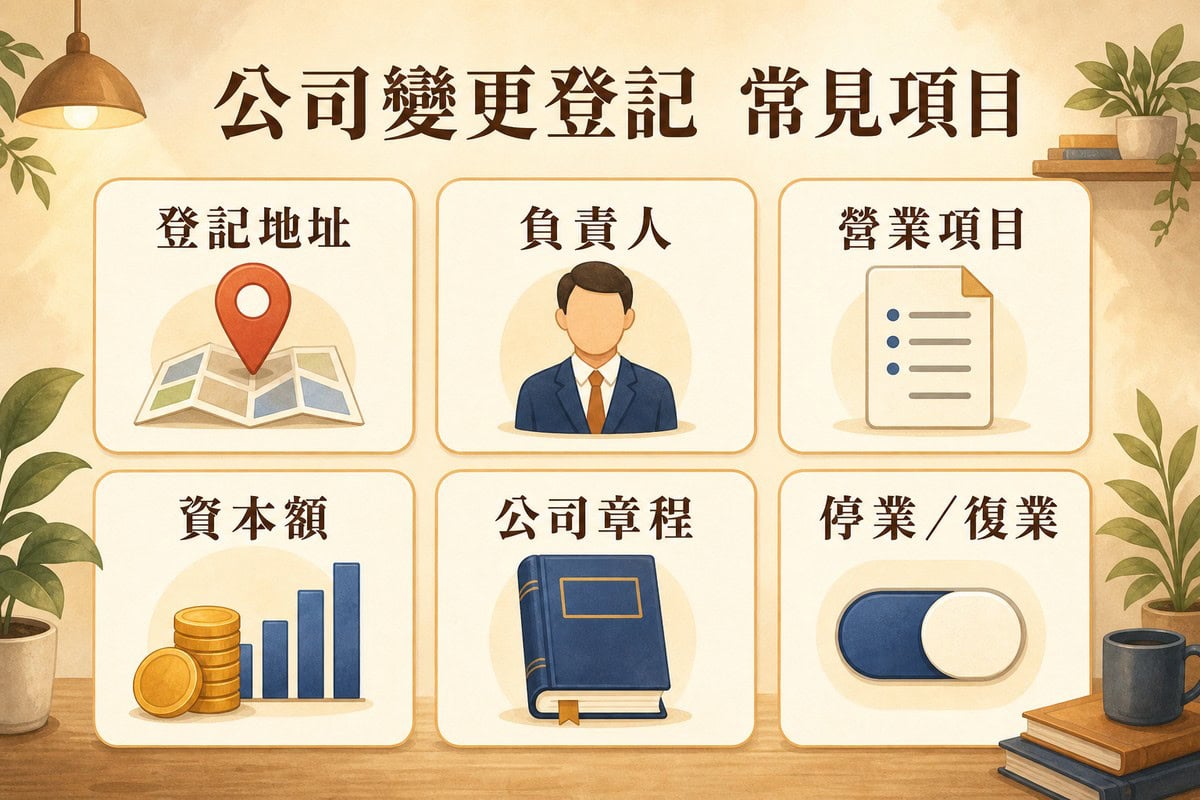 六宮格資訊圖表,標題公司變更登記常見項目,六個區塊分別標示登記地址、負責人、營業項目、資本額、公司章程、停業/復業,各自搭配對應的小圖示