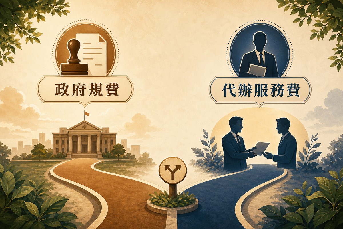 圖解兩條分岔路徑,左側標示政府規費,圖示公家印章與公文,通往政府機關建築;右側標示代辦服務費,圖示顧問與客戶交換文件,通往握手圖示