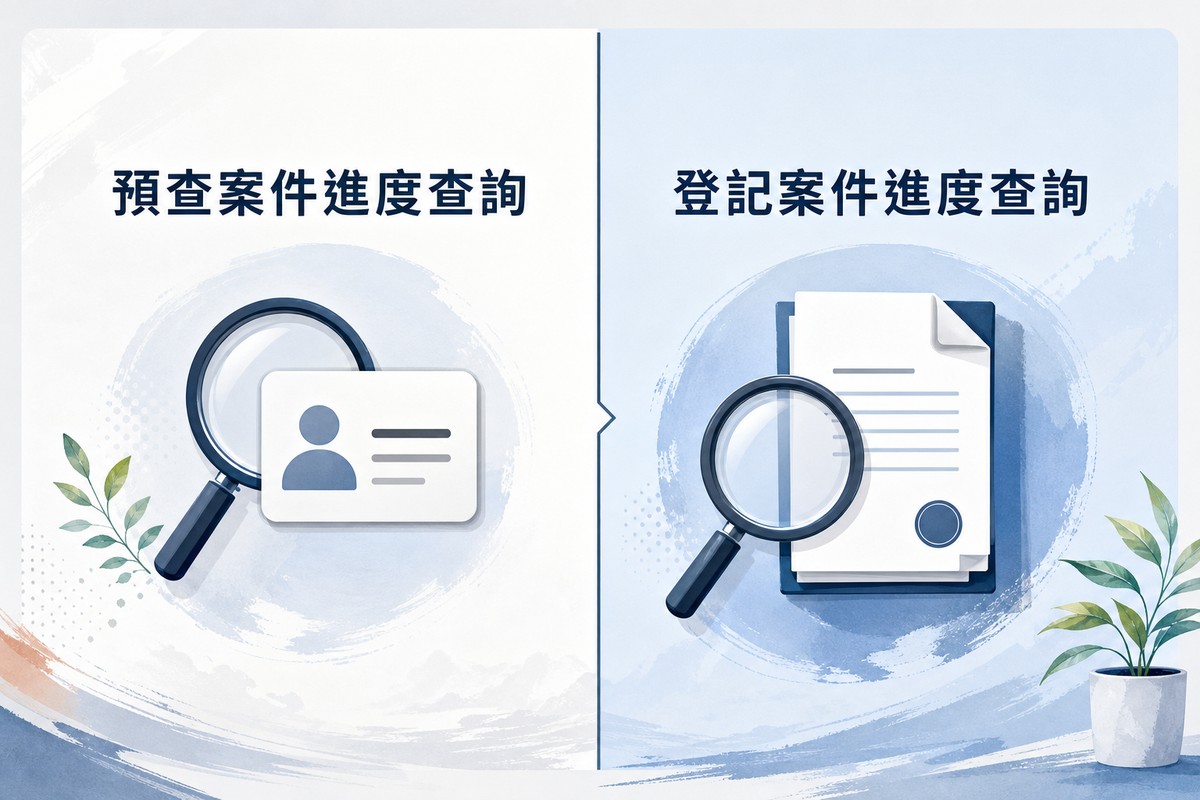 左右兩個區塊對照,左側標示預查案件進度查詢並畫放大鏡與名片圖示,右側標示登記案件進度查詢並畫放大鏡與公文圖示,中間用分隔線區分
