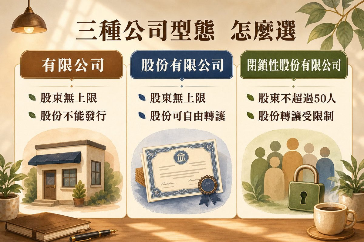 三欄比較圖表,標題三種公司型態怎麼選,左欄有限公司標示股東無上限、股份不能發行,中欄股份有限公司標示股東無上限、股份可自由轉讓,右欄閉鎖性股份有限公司標示股東不超過50人、股份轉讓受限制