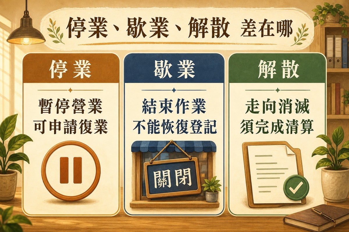 三欄比較圖表,標題停業、歇業、解散差在哪,左欄停業標示暫停營業、可申請復業,搭配暫停符號圖示,中欄歇業標示結束作業、不能恢復登記,搭配關閉招牌圖示,右欄解散標示走向消滅、須完成清算,搭配文件勾選圖示