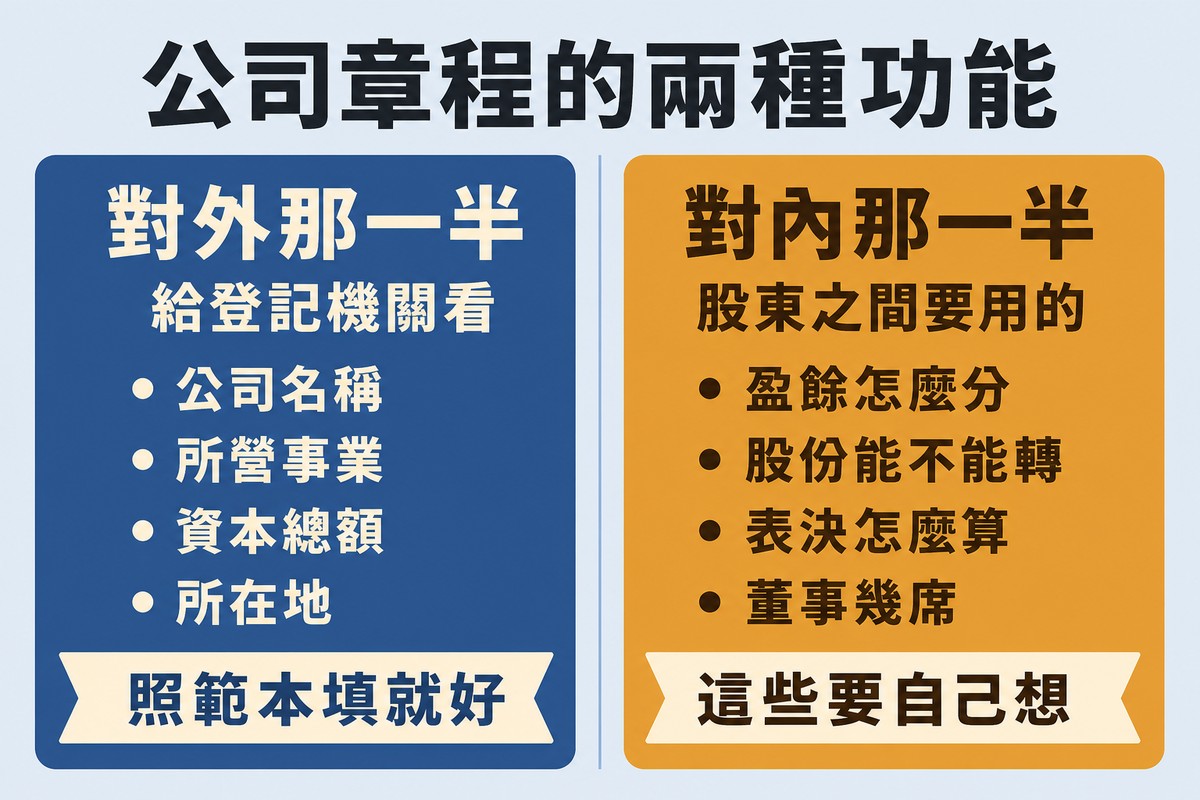 左右兩欄對照圖。左欄靛藍色標示對外那一半,列出公司名稱、所營事業、資本總額、所在地,底部註明照範本填就好;右欄琥珀色標示對內那一半,列出盈餘怎麼分、股份能不能轉、表決怎麼算、董事幾席,底部註明這些要自己想